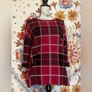 Tahari 1X Red Black Thick Knit Cuffed Sleeve Preppy Office Work City Fall Top